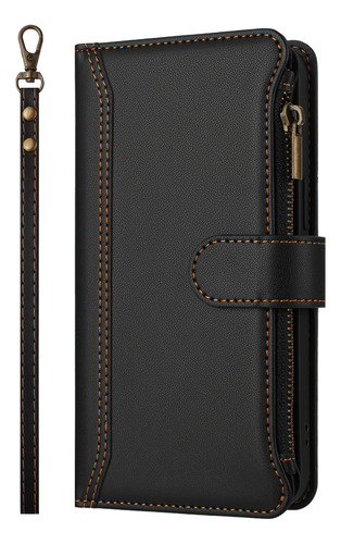 Funda De Piel Para Teléfono Motorola Series A Prueba De Golpes Con Correa Para La Muñeca, Ranuras Para Tarjetas, Soporte De Carga Inalámbrica, Negra