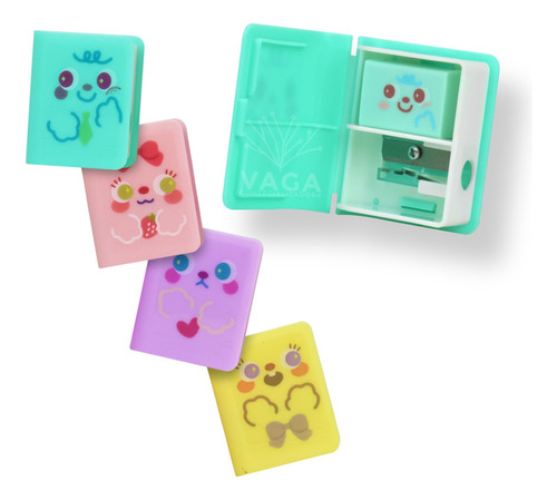 4 Sacapuntas Mini Libro Escolar Con Goma Kawaii