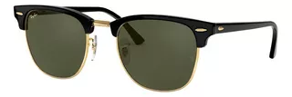 Óculos de sol Ray-Ban Clubmaster Classic Large armação de acetato cor polished black, lente green de cristal clássica, haste polished black de acetato - RB3016