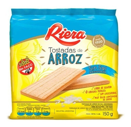 Tostadas Riera Arroz Sin Sal 150 Grs X 8 Unidades