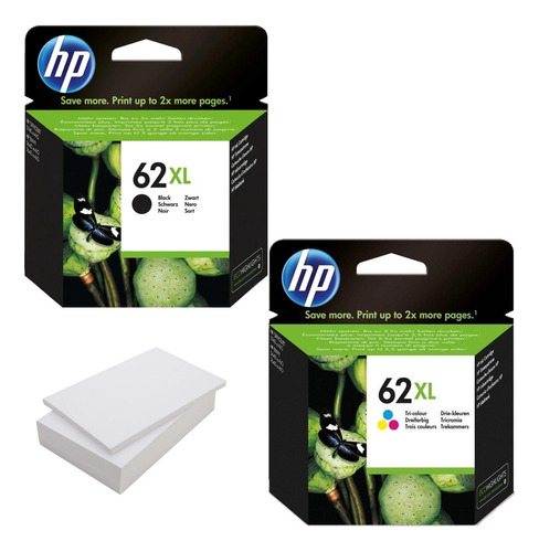 Kit De 2 Cartuchos Hp 62xl Tricolor Y Negro + Resma