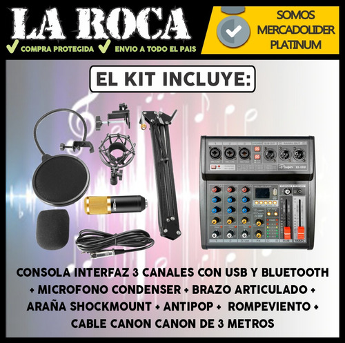 Combo Mixer Usb 3 Canales Microfono Condenser Accesorios Cuo