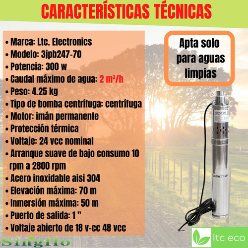 Imagen 2 de 10 de Bomba Solar Sumergible 70mts 24v 2000lph 76mm Diámetro