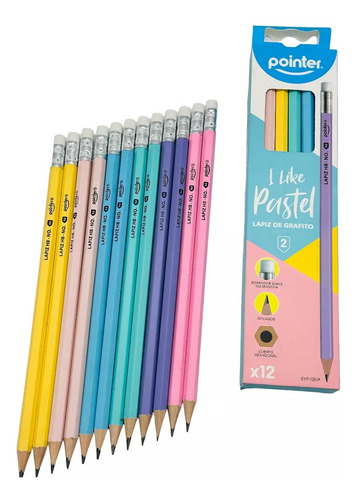 Set 12 Lápiz Grafito Pointer Premium Hexagonal Hb N°2 Pastel