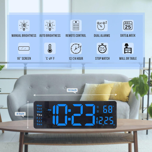 Reloj De Pared Digital De 16 Pulgadas Control Remoto, G...