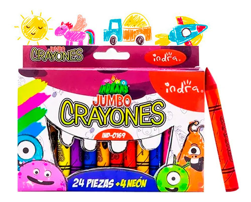 Crayones Jumbo C/24 Colores +4 Neon Cuerpo Redondo Indra