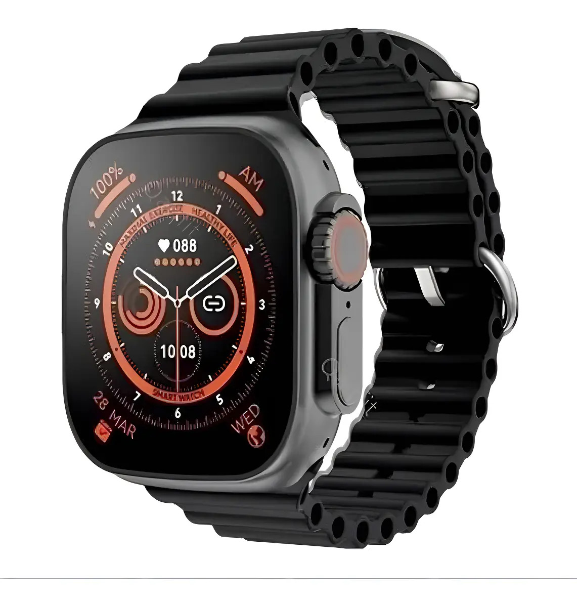 Smartwatch Hryfine T800 Ultra com Bluetooth e NFC, Caixa Metal Preto e Pulseira Silicone