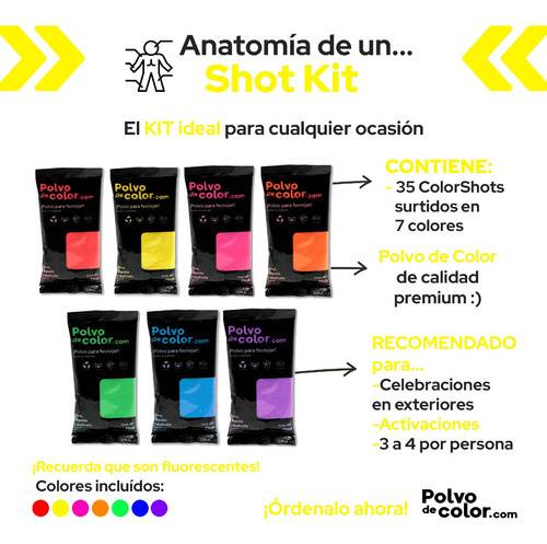 Imagen 2 de 7 de Shot Kit 35pzs - Polvo De Color Polvo Holi Fluorescente