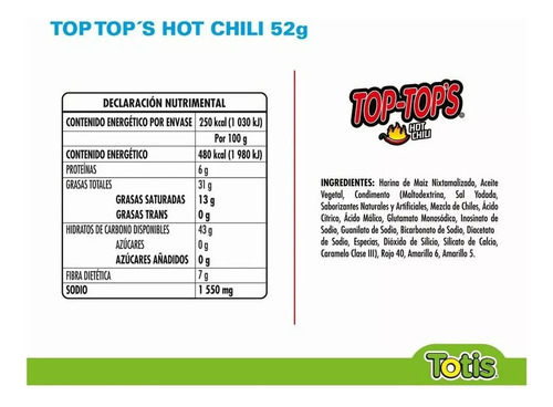 Botana Top Tops Hot Chili 6 Piezas De 52 Gramos C/u