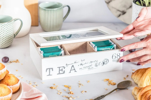Caja Té Madera Tea 6 Divisiones Deco Tapa Visor Vidrio Tea