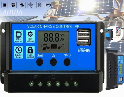 Controlador De Carga Solar 30a, 12 Y 24v, Usb 5v, Lcd, Pwm