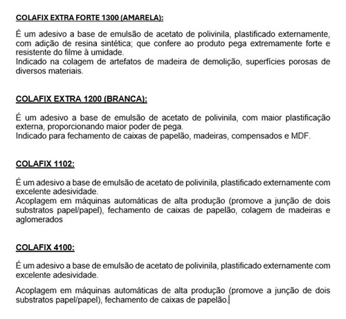 Cola Pva Branca Extra Colafix 1200 Para Papelão Madeira 10kg