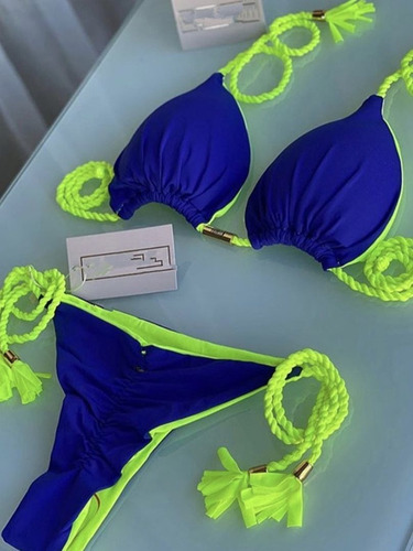 Conjunto De Bikini Tanga Traje De Baño De Color Azul Mujer T