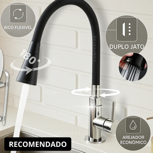 Torneira Gourmet Luxo Flexível Cozinha Bancada 2 Jatos Pia Cor Preto - Marca Camperluz