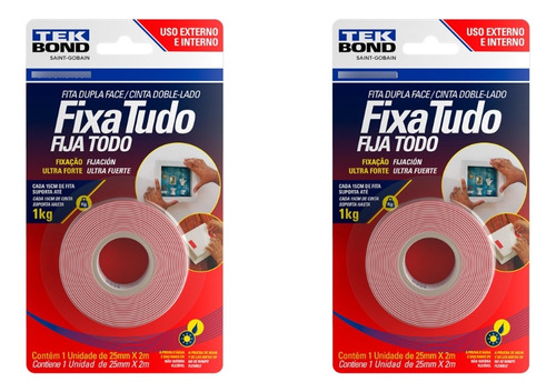 Kit 2 Fita Dupla Face Fixa Tudo Acrilico 25mmx2m Tekbond