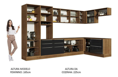 Armário De Cozinha Completa De Canto 546cm Rp Lux Madesa 05 Cor Rustic/Preto