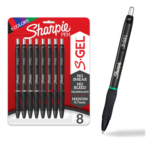 Boligrafo Sharpie Retráctil Tinta Gel 0,7 Mm Set 8 Lápices Negro, Rojo, Azul, Morado, Verde