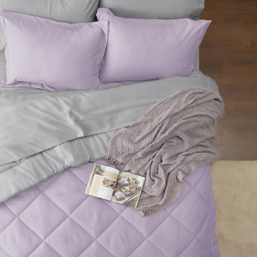 Juego Edredon Y Ropa De Cama Individual Color Lila Y Gris