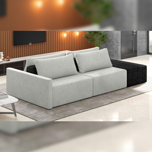 Sofá Ilha Modular Para Sala 232cm com Puff Dublin K01 Linho Cinza e Sintético Preto