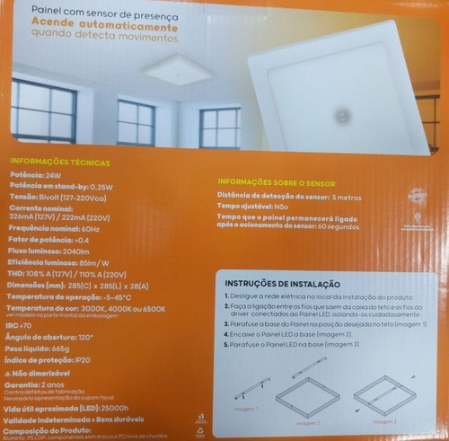 Imagem 5 de 7 de Plafon De Sobrepor Com Sensor Presença 24w Quadrado 6500k