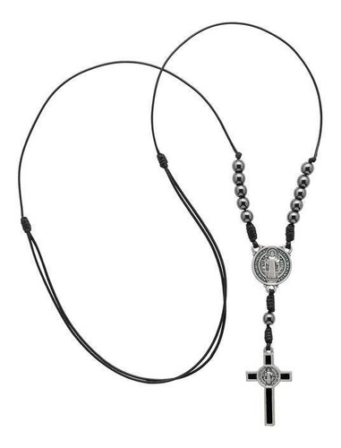 Colar Dezena Hematita 6mm Com Cruz De São Bento