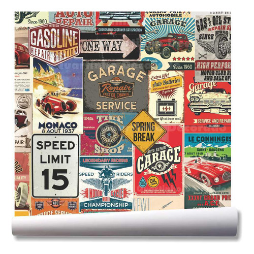 Papel De Parede Carros Placas Garagem Retrô Vintage A258