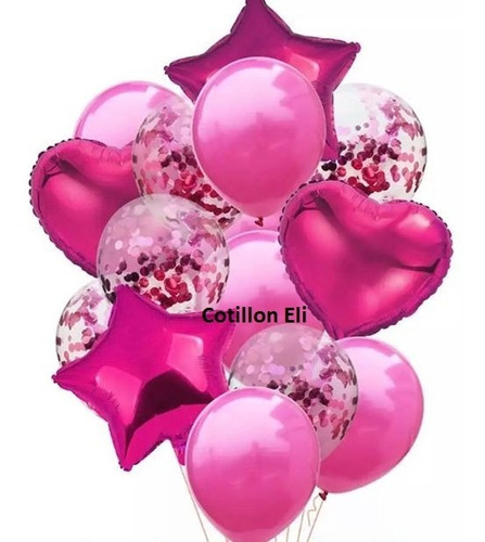 Set 14 Globos Metalizados Estrella Corazon Confetti Fucsia 