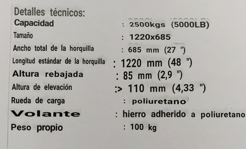 Transpaleta Hidraulica De 2500 Kilos