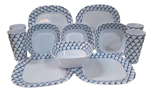 Vajillla Elegante Cuadrada De Plástico Tipo Melamina 4 Pers Color Azul Cuadrada Azul