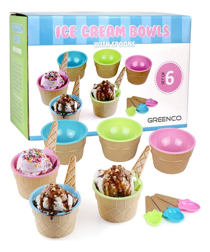 Kit Tazas Tazones Bowl Tipo Cono Helado Cucharas 6 Piezas Color Confeti
