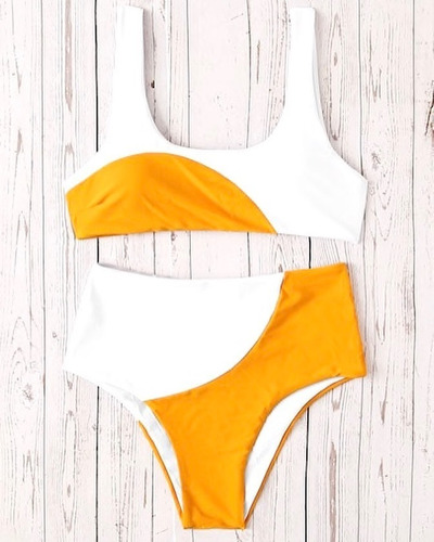 Bikini High Waist Blanco Con Naranja (copa Incluida)