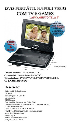 Dvd Portátil Napoli Tela 7 Polegadas Game + Tv + Bolsa De E