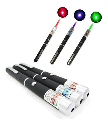 3 Canetas Laser Pointer 5mw Vermelho Verde Azul Power Point