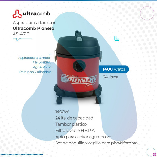 Imagen 2 de 10 de Aspiradora Ultracomb Tambor 24 Lts. 1400w As-4310