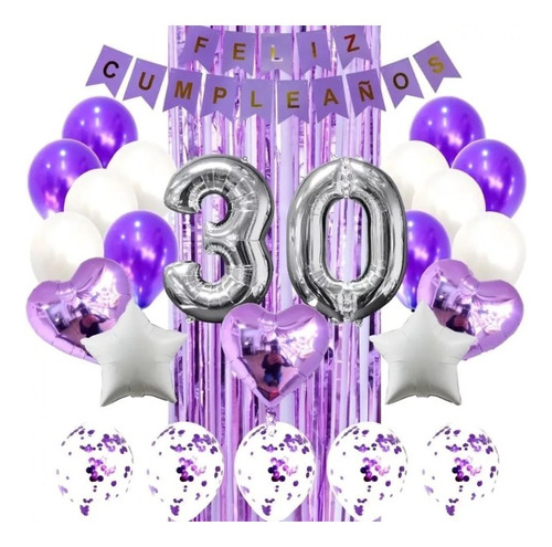 Kit Decoración Feliz Cumpleaño Bombas Morado Y Lila+cortina