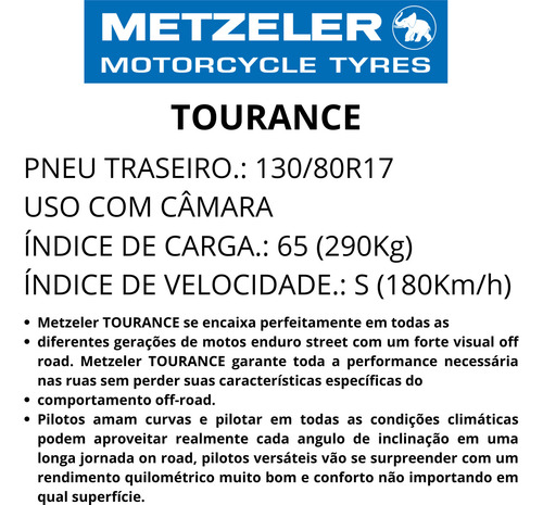 Pneu Traseiro 130/80-17 65s Metzeler Tourance Moto
