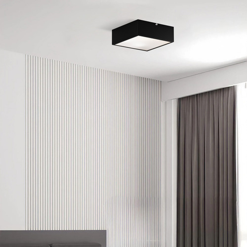 Plafon Lustre De Sobrepor 20cm Quadrado E27 Em Alumínio Cor Preto + 2 Led 9w Bulbo Branco Frio Mf209 Mega Forte Iluminação
