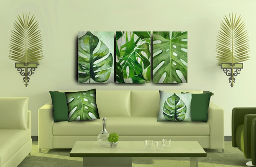 Imagem 2 de 10 de Kit Quadros 60x40 + 4 Capas De Almofada Folhagem Verde 42cm