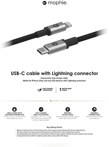 Imagen 5 de 8 de Cable Mophie Lightning Usb C iPhone 13 Mini/ 12 Mini *1m Blk
