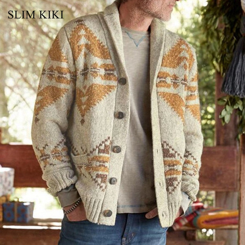Camisa De Manga Larga Para Hombre, Tipo Chal, Tejida Con Cab