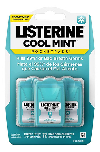 Listerine Breath Strips Cool Mint (3 Pack) - 72 Tiras