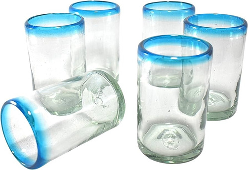 Set De 6 Vasos De De Vidrio Soplado P. Aguamarina 8x13cm