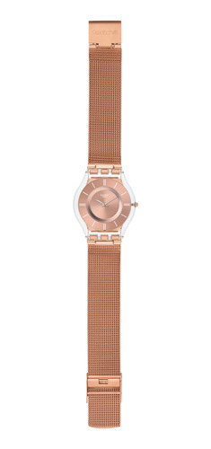 Reloj pulsera Swatch Originals Hello darling de cuerpo color transparente, analógico, para mujer, fondo rosa dorado, con correa de acero inoxidable color rosa, agujas color plateado, dial rosa, bisel color transparente y hebilla de gancho