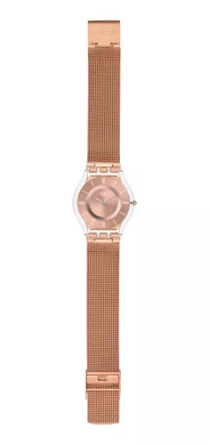 Canguro Feudo filosofía Reloj pulsera Swatch Originals Hello darling de cuerpo color transparente,  analógico, para mujer, fondo rosa dorado, con correa de acero inoxidable  color rosa, agujas color plateado, dial rosa, bisel color transparente y