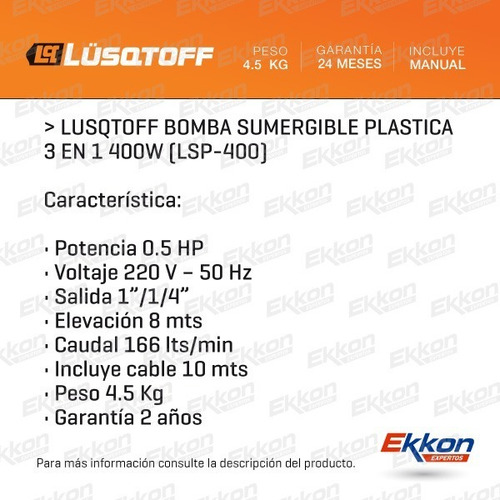 Imagen 2 de 8 de Bomba Sumergible Lusqtoff 400w Plástica 3 En 1 Agua Sucia