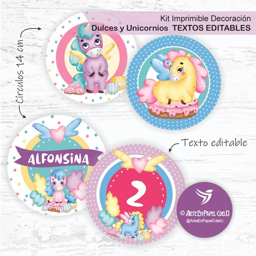Imagen 3 de 5 de Kit Imprimible Decoración Candybar Unicornio Texto Editable