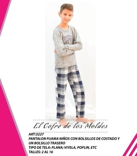Molde  Pantalon Pijama Niños C/bolsillo,talles 2 A 16