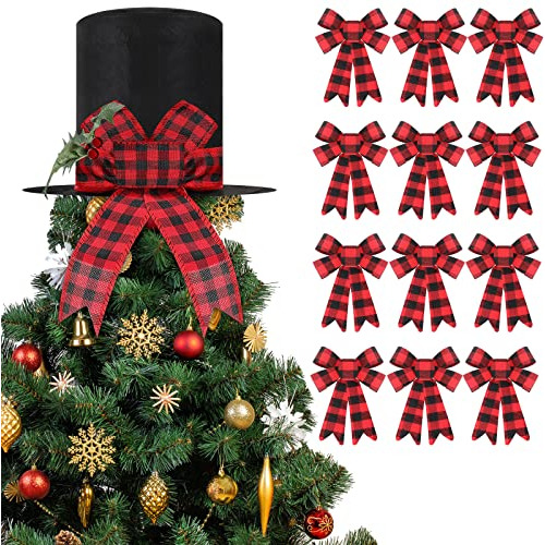 Sombrero De Árbol De Navidad 12 Moños Cuadros Rojos Y...