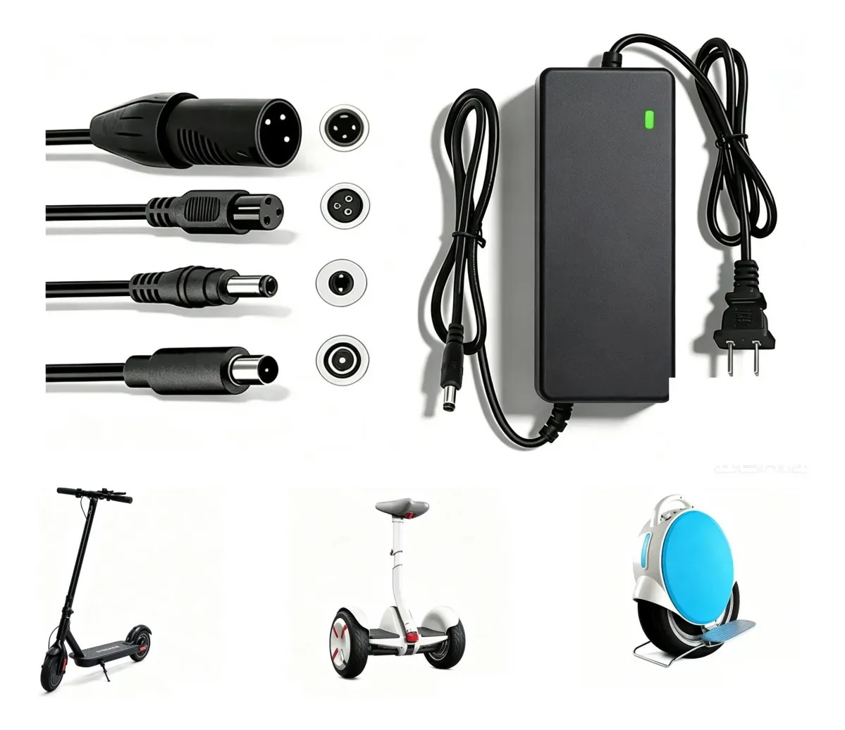 Cargador Rápido Universal 42v 2a Compatible Con Baterías 5 Cabezales Intercambiables, Protección Múltiple Para Scooters Eléctricos