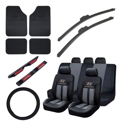 Kit Funda Ecocuero Negro Gris Hyundai + Alfombras + Regalos 